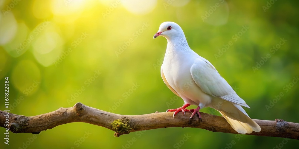 Fototapeta premium A peaceful white dove perched on a branch , Peaceful, bird, wildlife, feather, symbol, harmony, purity, gentle, flight, wings