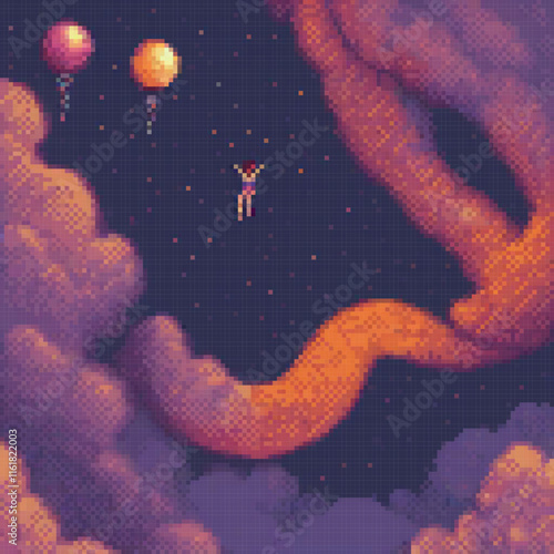 Pixel art of a person soaring with balloons in the sky.