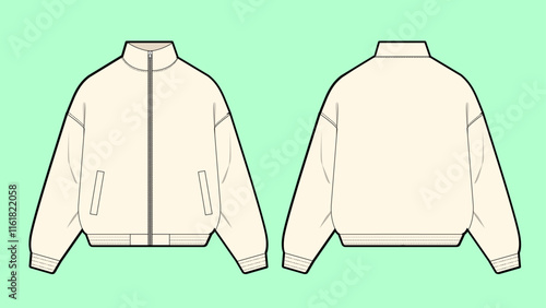 Men's outerwear funnel neck bomber jacket outline drawing flat sketch. 