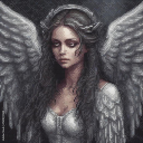 Angelic cross stitch art with flowing hair, perfect for crafters.