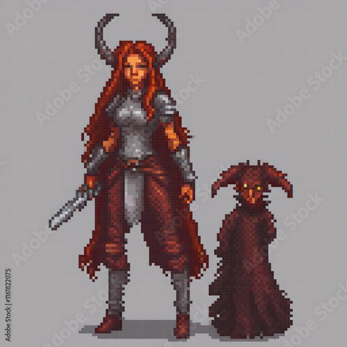 Pixel art of a horned woman with demonic features.