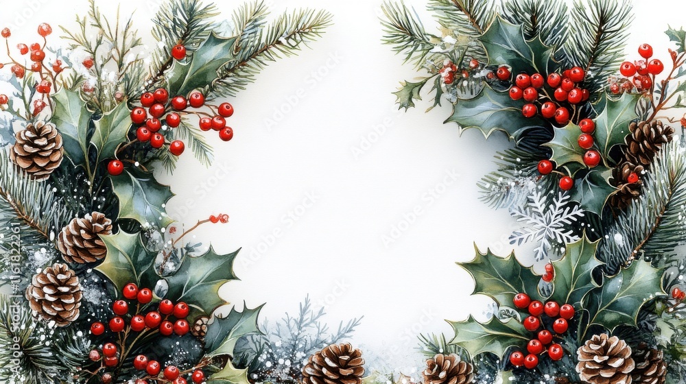 Fototapeta premium [Christmas Frame with Holly Branches] Festive Evergreen Christmas Wreath with Red Berries and Pine Needles