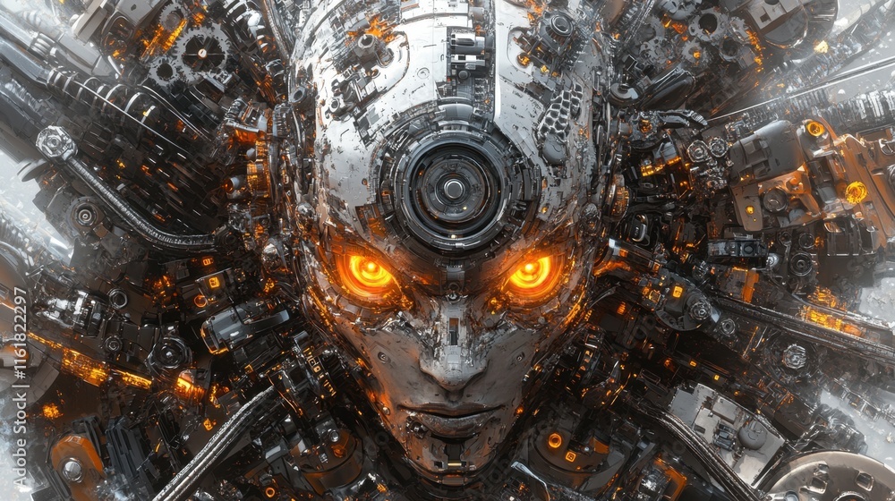 Fototapeta premium Futuristic Cyborg Portrait with Glowing Orange Eyes and Machinery