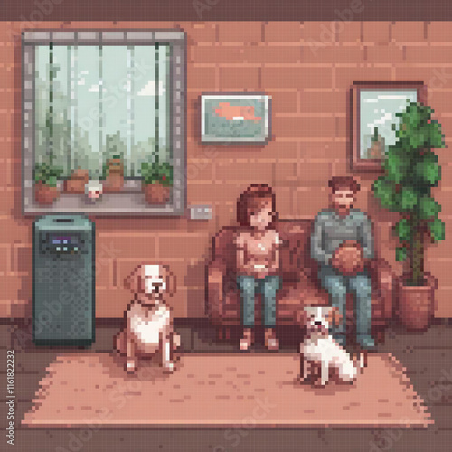 Pixel art depicting a cozy family and their dogs on a couch