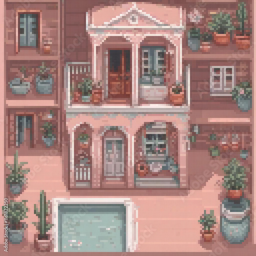 Pixel art of a charming house adorned with vibrant potted plants.