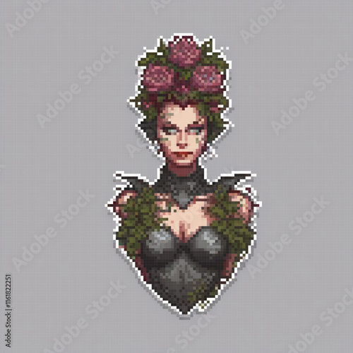 Female character adorned with a floral wreath, showcasing pixel art style.