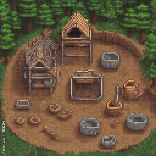 Pixel-perfect village amidst a lush forest, a charming escape in digital art.
