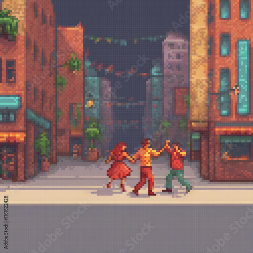 Pixel art depicting a couple dancing amidst a bustling cityscape.