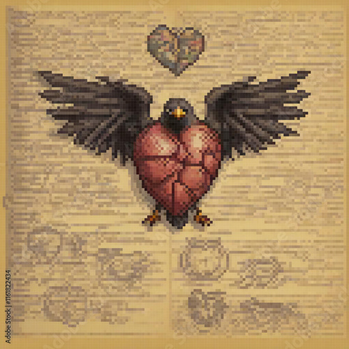 Pixel art cross stitch heart with wings pattern