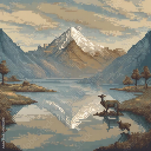 Pixel art cross stitch mountain lake with sheep