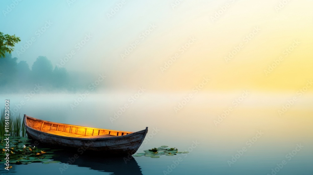 Naklejka premium [Weekend getaway break relaxation adventure] Serene Lake Landscape with Foggy Morning Boats and Lush Greenery