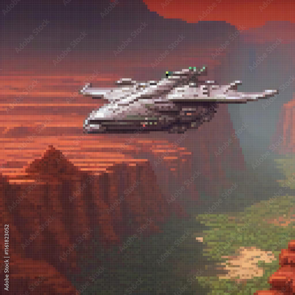 Pixel art spaceship soars over desert with majestic mountains.