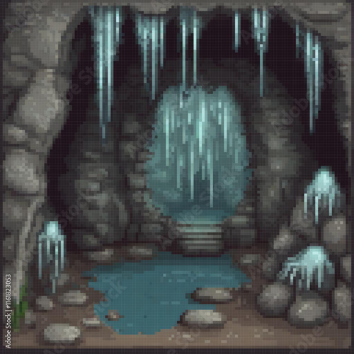 Pixel art cave with icicles, frosty ambiance.