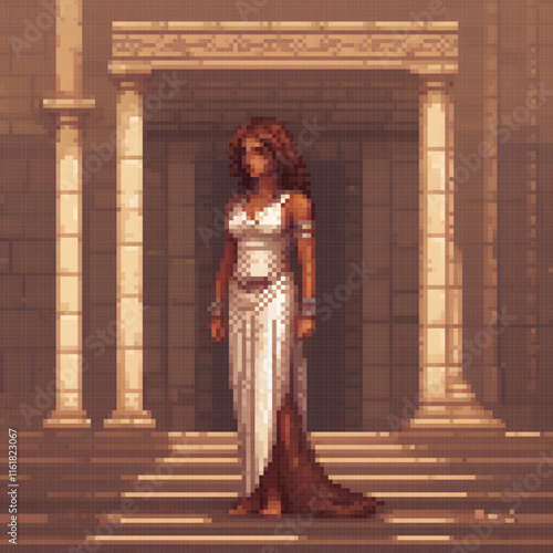 Stunning pixel art of a woman in a pristine white dress, standing majestically in front of a classic building.