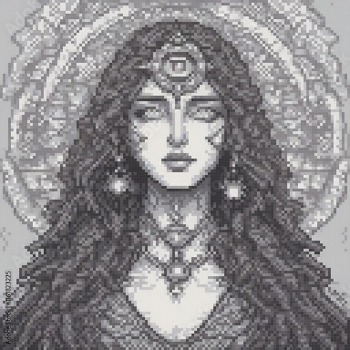 Stunning pixel art cross stitch pattern featuring a woman with flowing locks.
