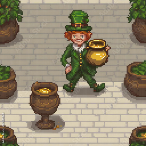 Pixel art of a mischievous leprechaun holding a shimmering pot of gold.