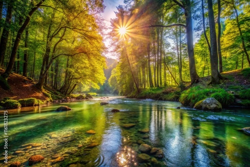 AI-crafted image: a peaceful forest river, serene and idyllic.