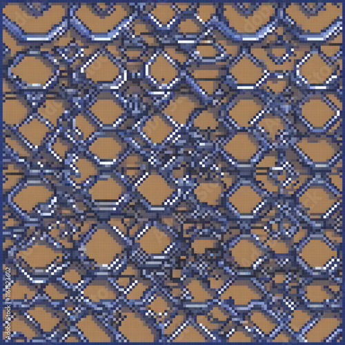 Blue and brown pixel art on a serene blue backdrop.