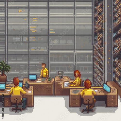 Pixel art depicting a team in a server room