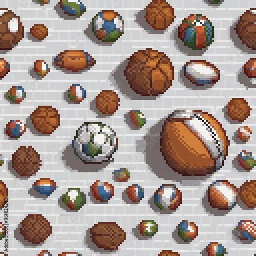 Pixel art showcasing various balls on a pristine white backdrop.