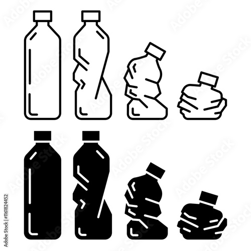 Set plastic bottle icon vector in thin line and flat style with editable stroke on white background. Dented plastic bottles icons set. Vector illustration