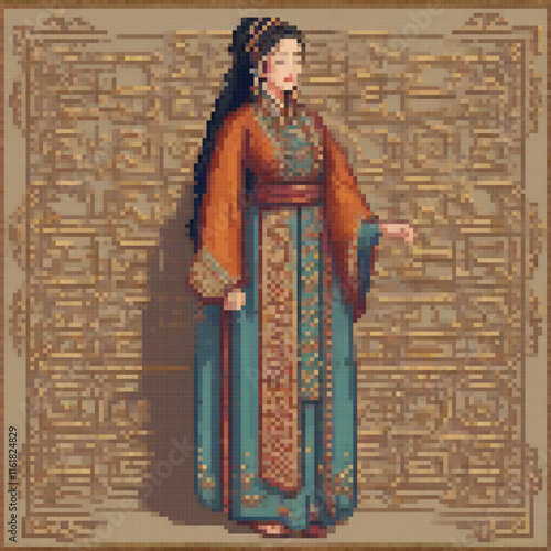 Chinese woman in blue dress, cross stitch pattern, pixel art