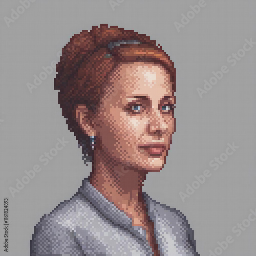 Cute pixel art of a woman in a blue shirt gazing at the camera.