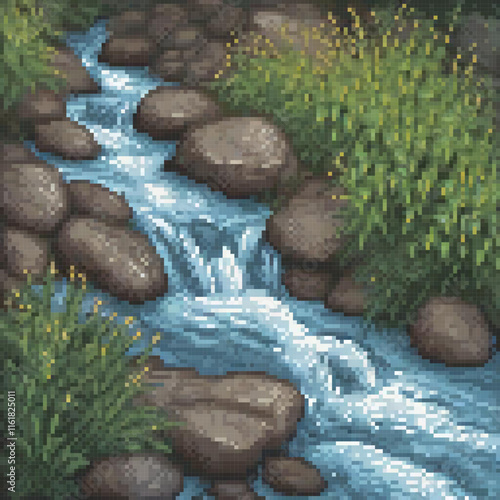 Pixel art cross stitch pattern of a serene woodland stream
