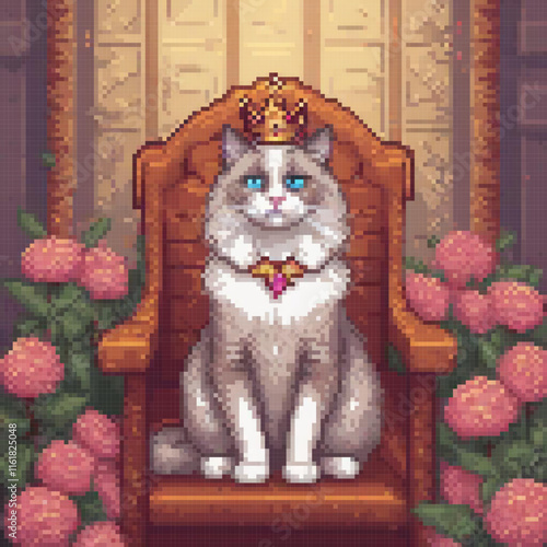 Regal feline monarch in pixel art, perched upon a throne with a majestic crown.