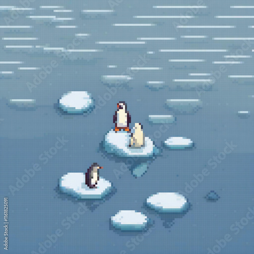 Pixel art: Penguins perched on an iceberg, a charming scene.