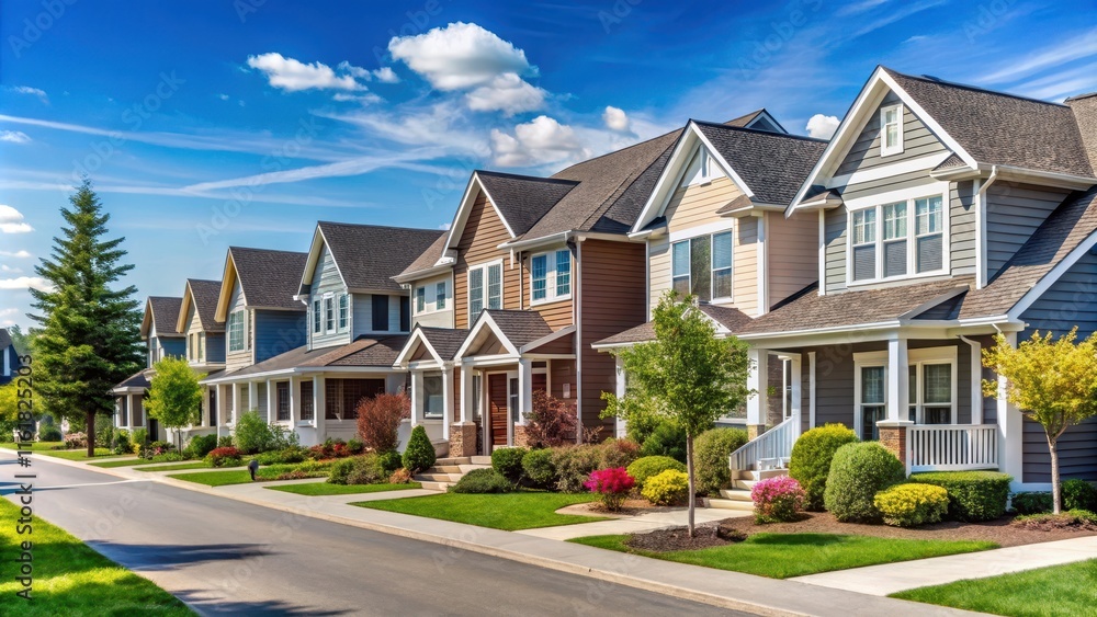 Suburban neighborhood with identical houses in a row, subdivision, residential, architecture, symmetry, community Suburban neighborhood with identical houses in a row, subdivision, residential, architecture, symmetry, community