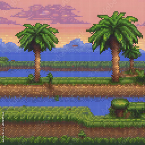 Pixel art landscape featuring palm trees and a serene lake.