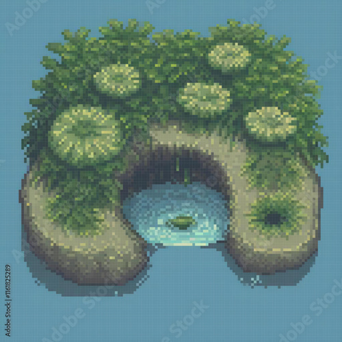 Pixel art depicting a serene island with a central pond.