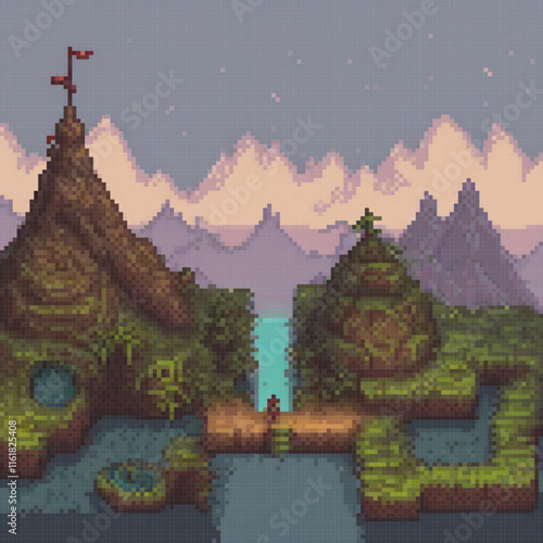 Pixel art depicting a serene island in a tranquil lake.