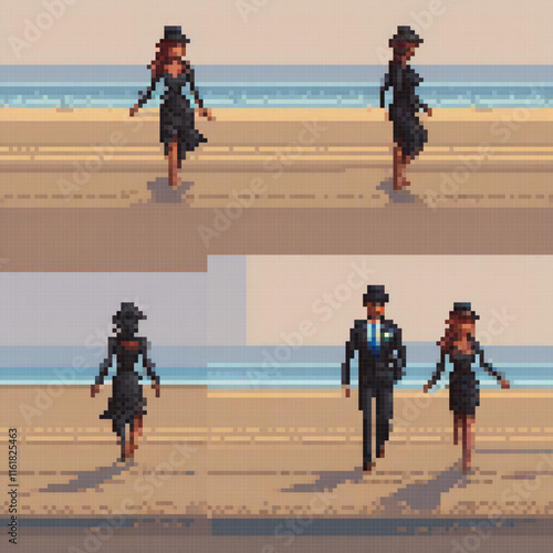 Pixel art depicts a couple strolling on a sandy shore.
