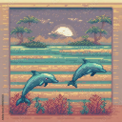 Dive into the vibrant world of pixel art with these playful dolphins leaping at sunset.