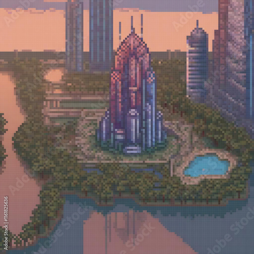 Pixel art cityscape with a serene river