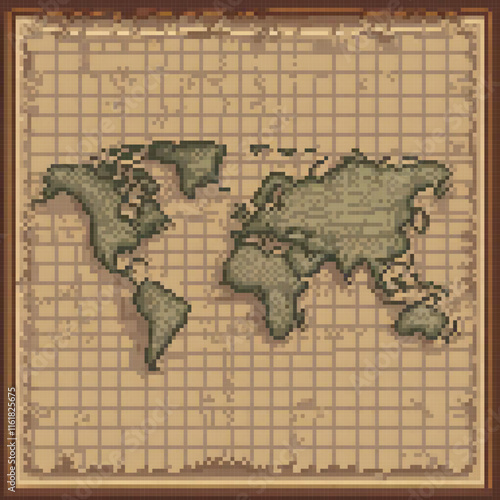Pixel art cross stitch world map, perfect for crafty enthusiasts.