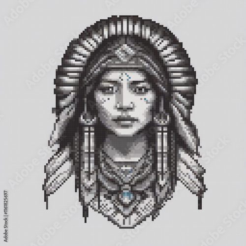 Egyptian womans cross stitch pattern in pixel art style.