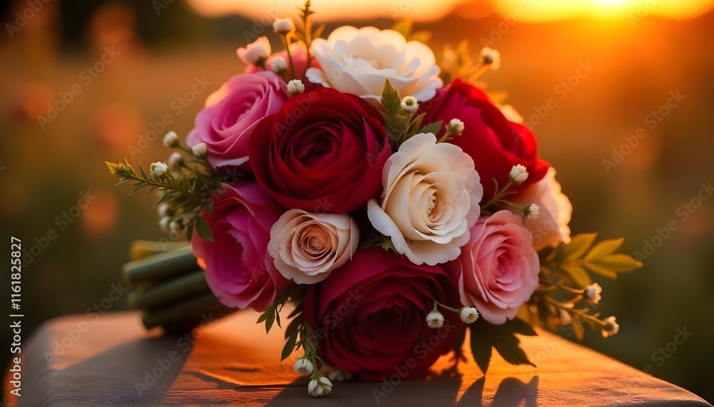 Obraz premium Wedding bouquets with a modern design, incorporating greenery, burgundy red and white peonies, and blush roses.