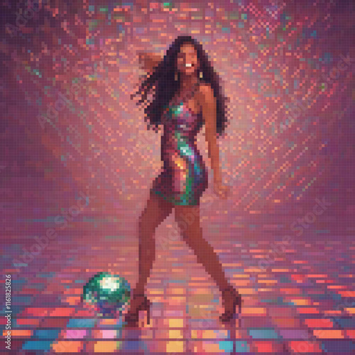 Shiny dress dancer on disco floor, pixel art style.