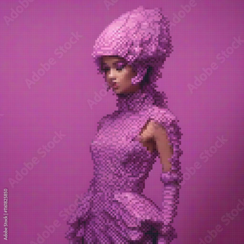 Vintage pixel art of a stylish woman in a purple dress and hat.