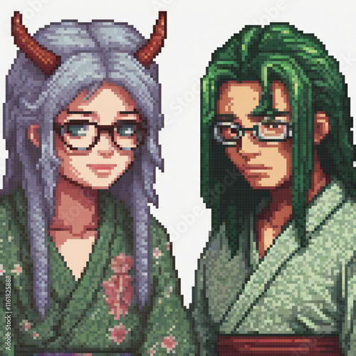 Traditional Japanese kimono with horned figures in pixel art style.