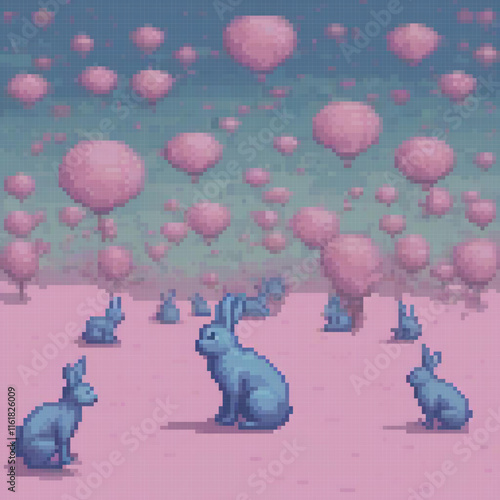 Pixel art of adorable rabbits frolicking amidst a vibrant field of pink balloons.