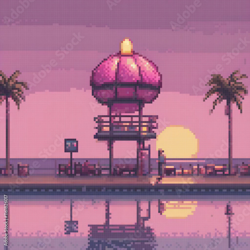 Pink water tower amidst palm trees on a serene beach.