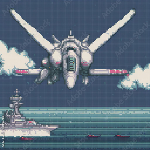 Pixel art: Fighter jet soars above a mighty battleship amidst the ocean waves.