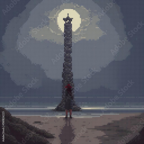 Pixel art depicting a person on a sandy beach with a majestic tower in the background.