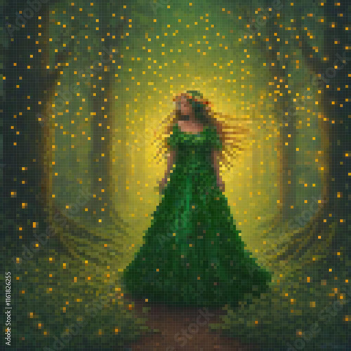 Enchanting pixel art of a woman in a vibrant green dress strolling through a mystical forest.