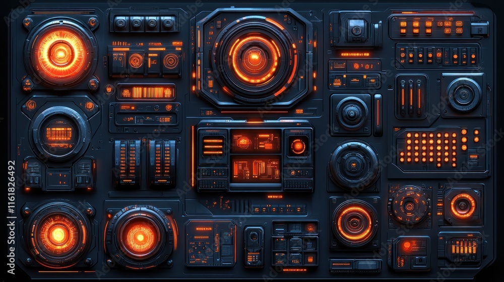 Fototapeta premium Futuristic control panel with glowing orange interfaces.