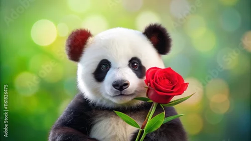 Fototapeta A cute panda bear holding a vibrant red rose, panda bear, red rose, cute, adorable, wildlife, animal, flora